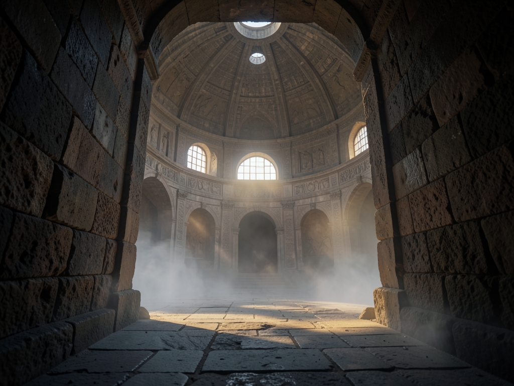 Long misty stone corridor opening into vast circular