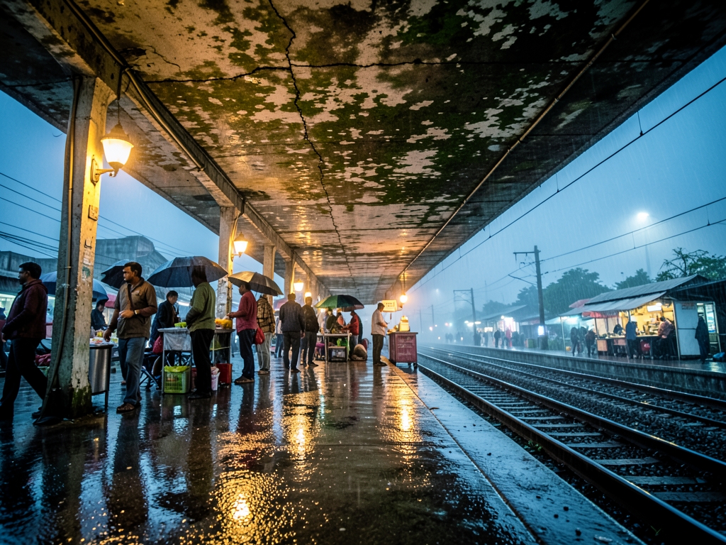 Rain soaked Indian railway platform beneath weathered concrete canopy
