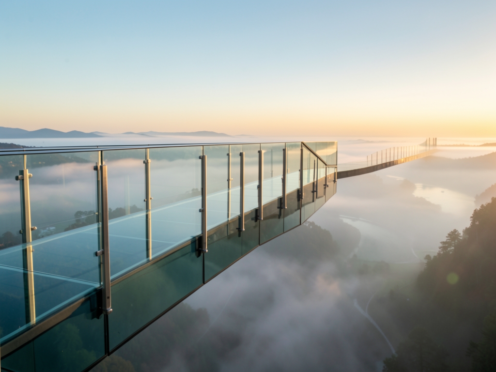 glass footbridge suspended over fog filled valley dawn soft