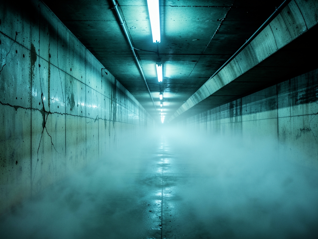 long concrete underpass pale fluorescent tubes mist pooling