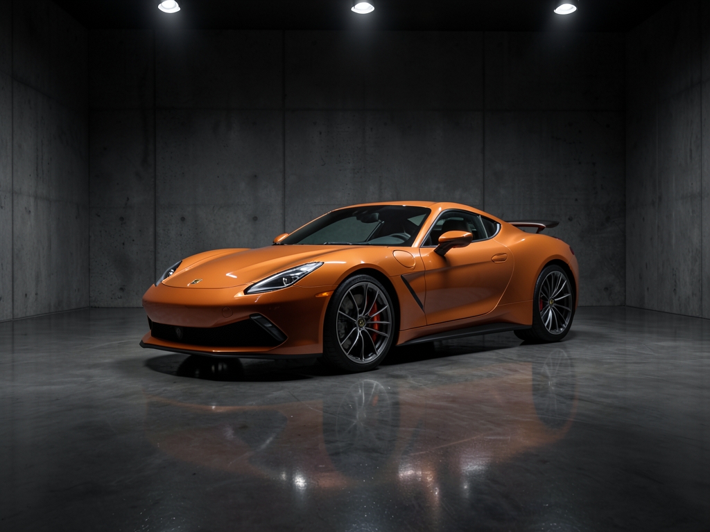 Widebody sports coupe dark concrete design studio with