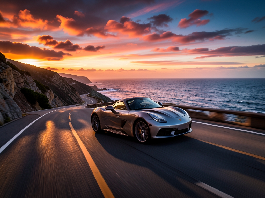 Widebody sports coupe driving coastal mountain road golden