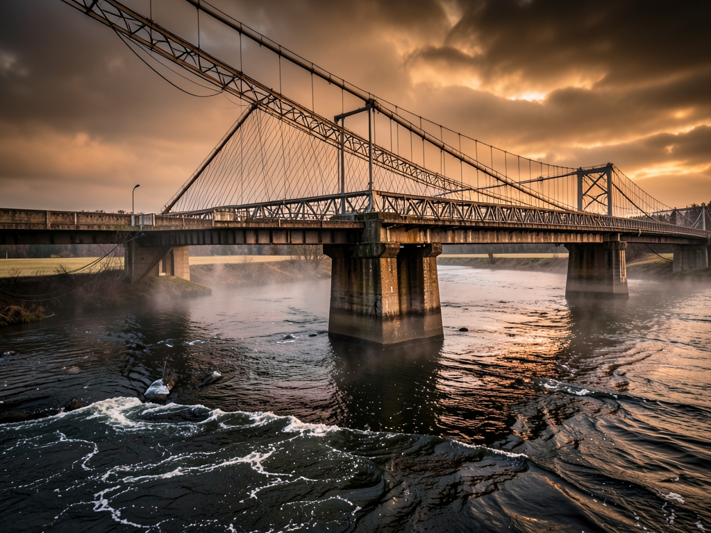 lone concrete bridge stretching over dark churning river
