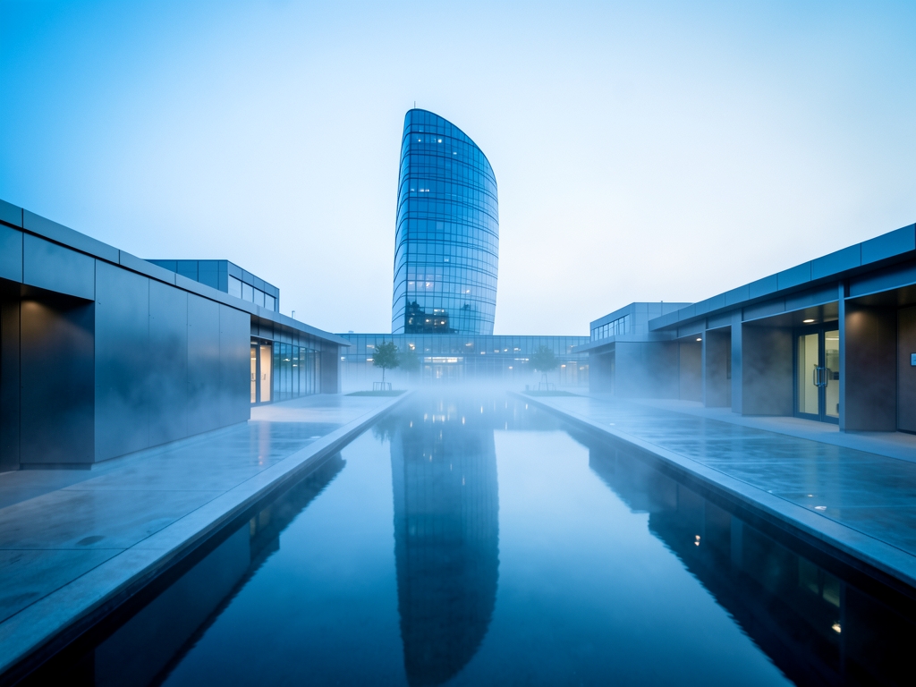 Dawn over modern glass and steel research campus long reflecting