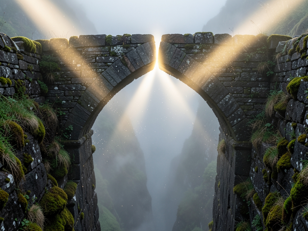 narrow stone archway over misty ravine dawn where