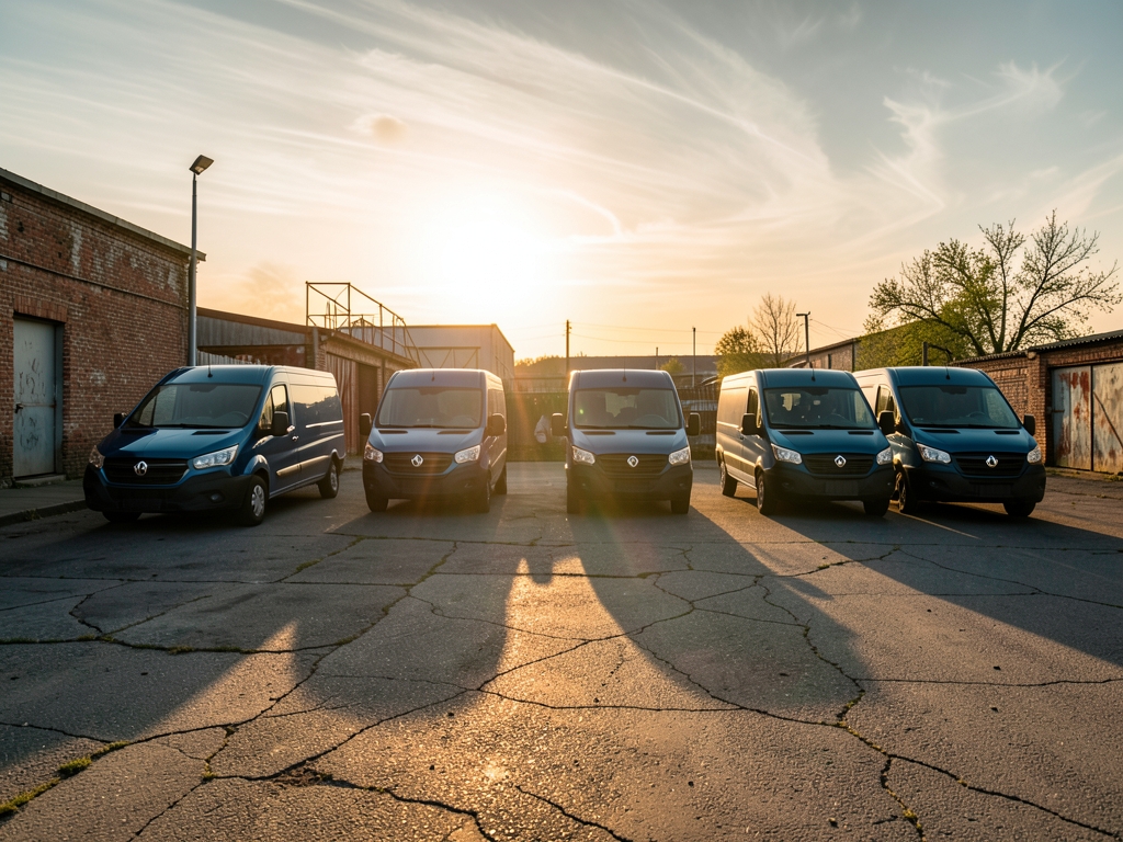 Golden hour light illuminates five identical delivery vans