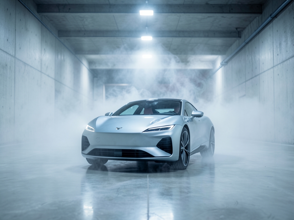sleek electric vehicle inside vast concrete wind tunnel hall