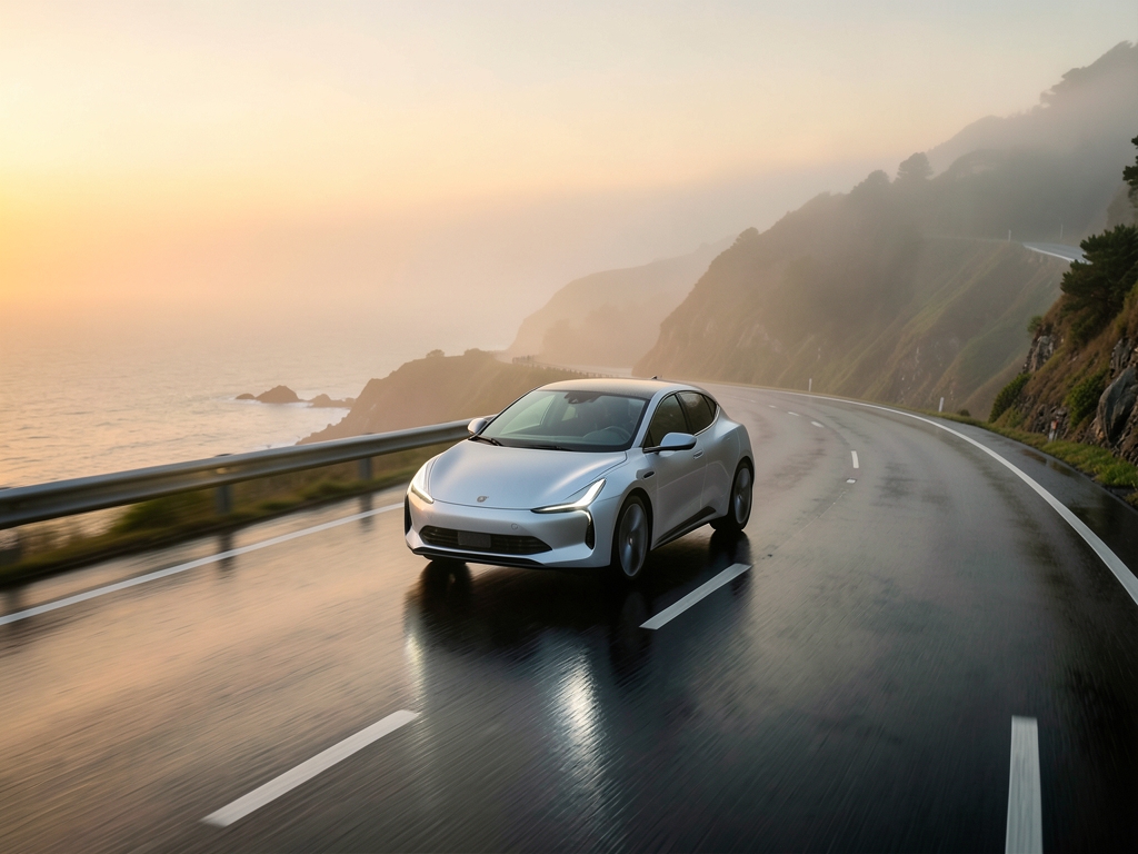 lone electric gliding through fog draped coastal highway dusk