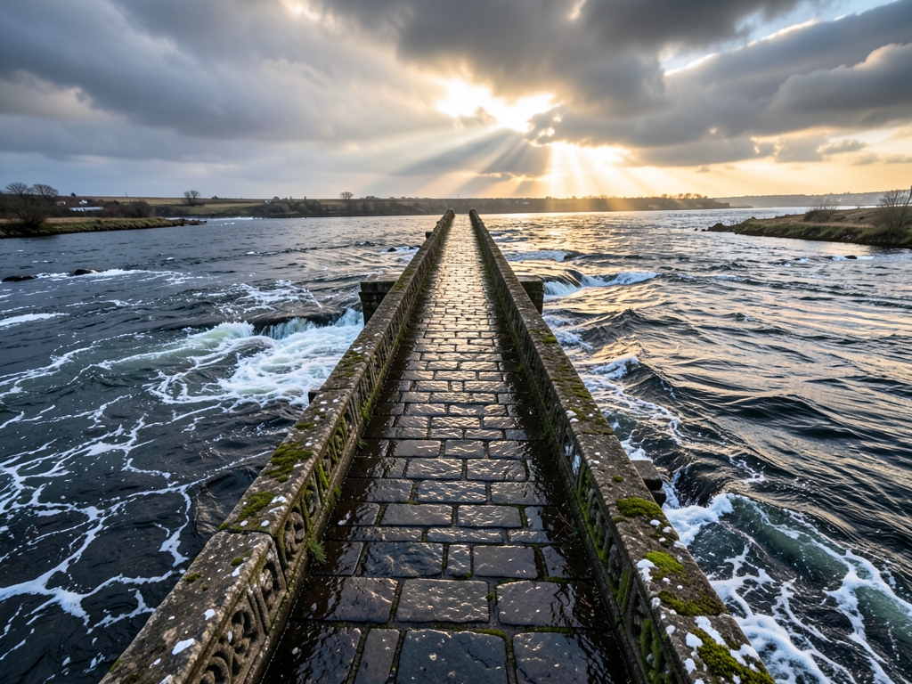 narrow stone bridge over dark churning river dawn