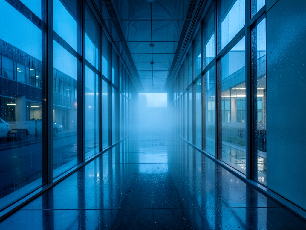 rain soaked glass skyscraper corridor twilight cold blue light