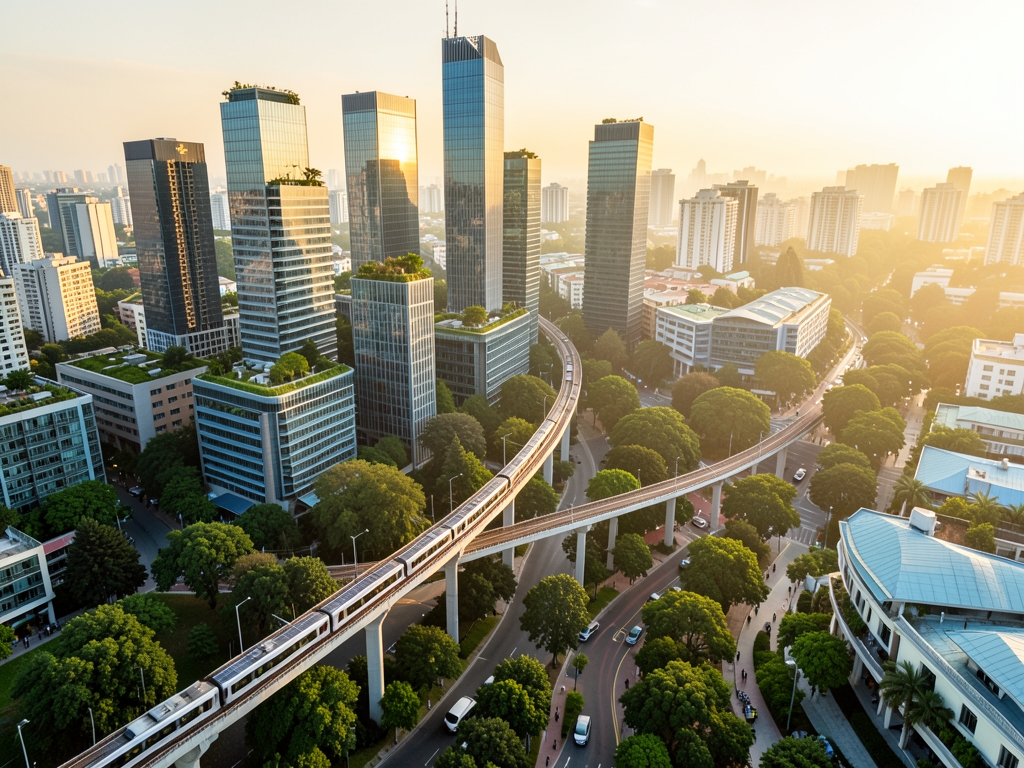 Aerial dawn view modern city where green rooftops