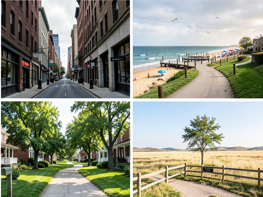 Four distinct state landscapes connected winding path dense city