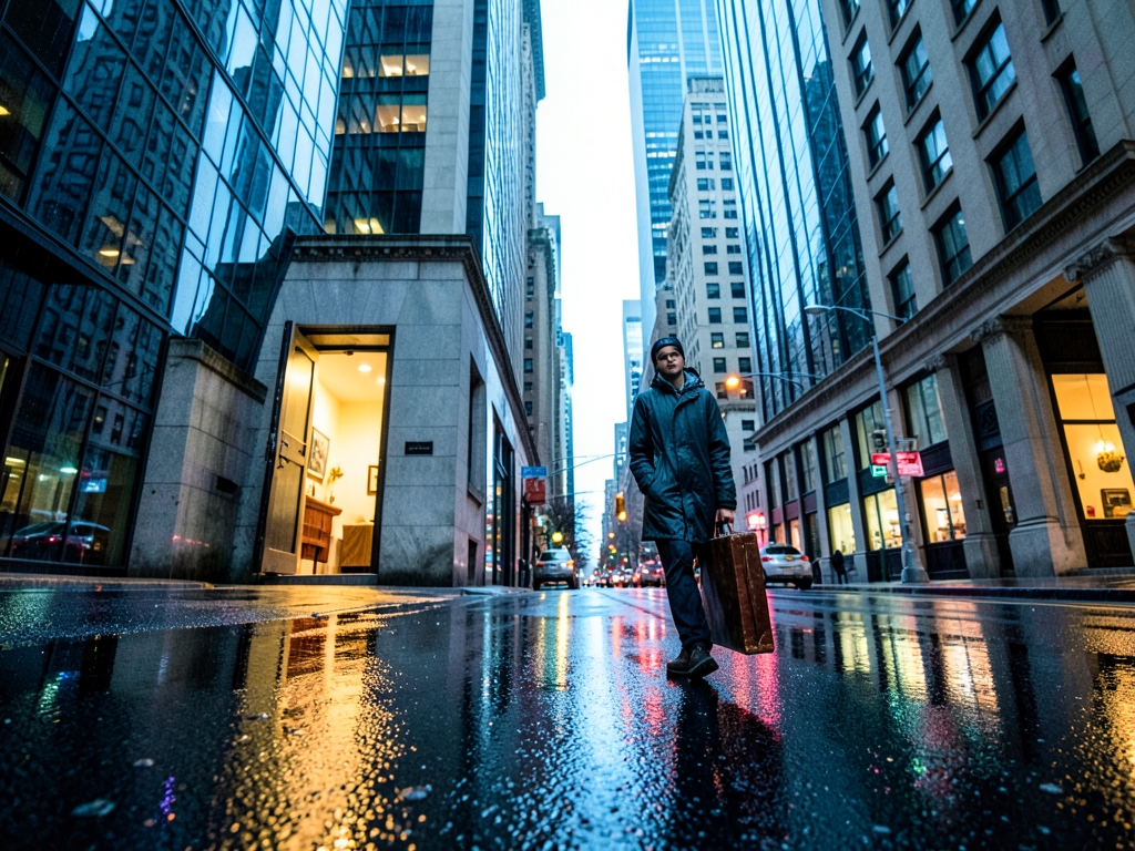 rain slick York avenue beneath glass stone towers with