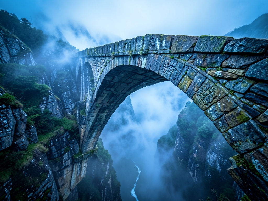 Prompt heavy stone bridge spanning deep misty gorge