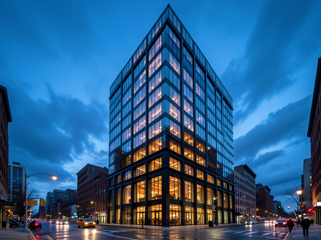 glass and steel Manhattan office tower dusk warm interior lights