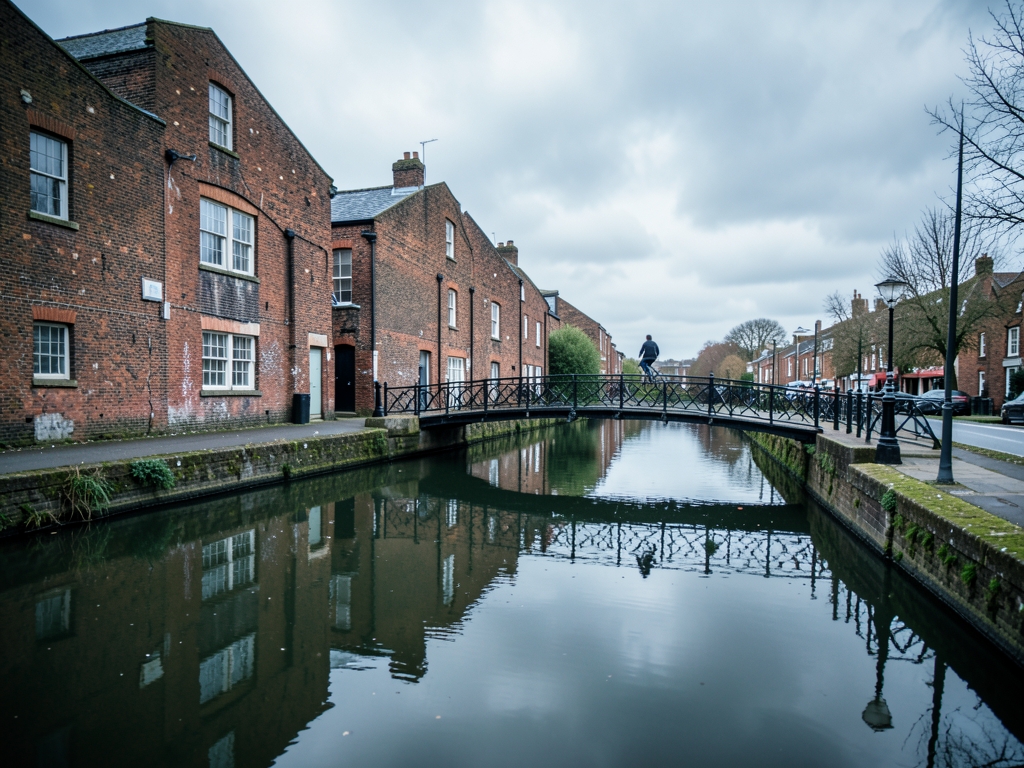 Overcast morning along Camden canal towpath weathered brick