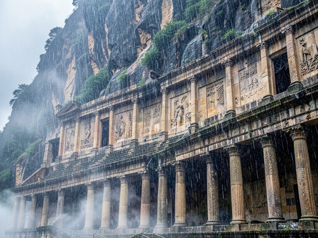 ancient stone amphitheater carved into cliffside under heavy