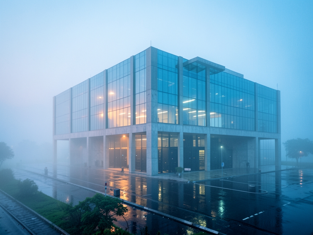 misty dawn over modern glass and concrete data center India