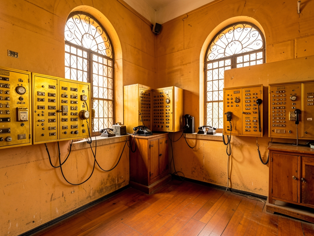 sunlit colonial era telephone exchange hall India with warm