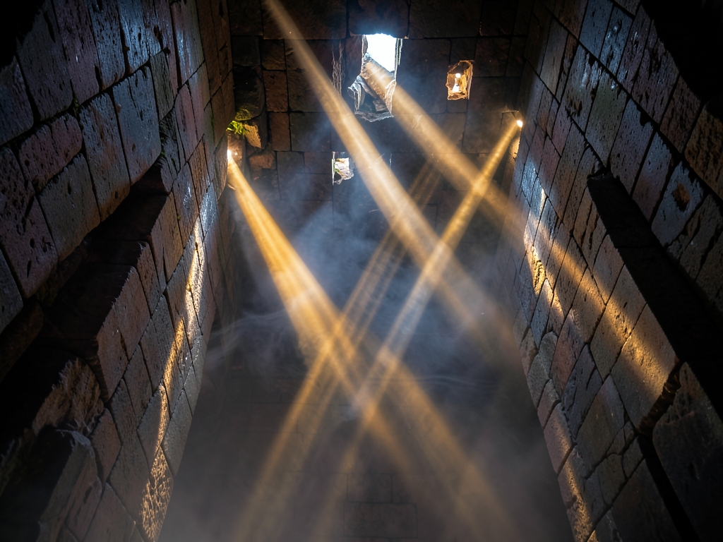 dimly lit echoing stone chamber where intersecting beams