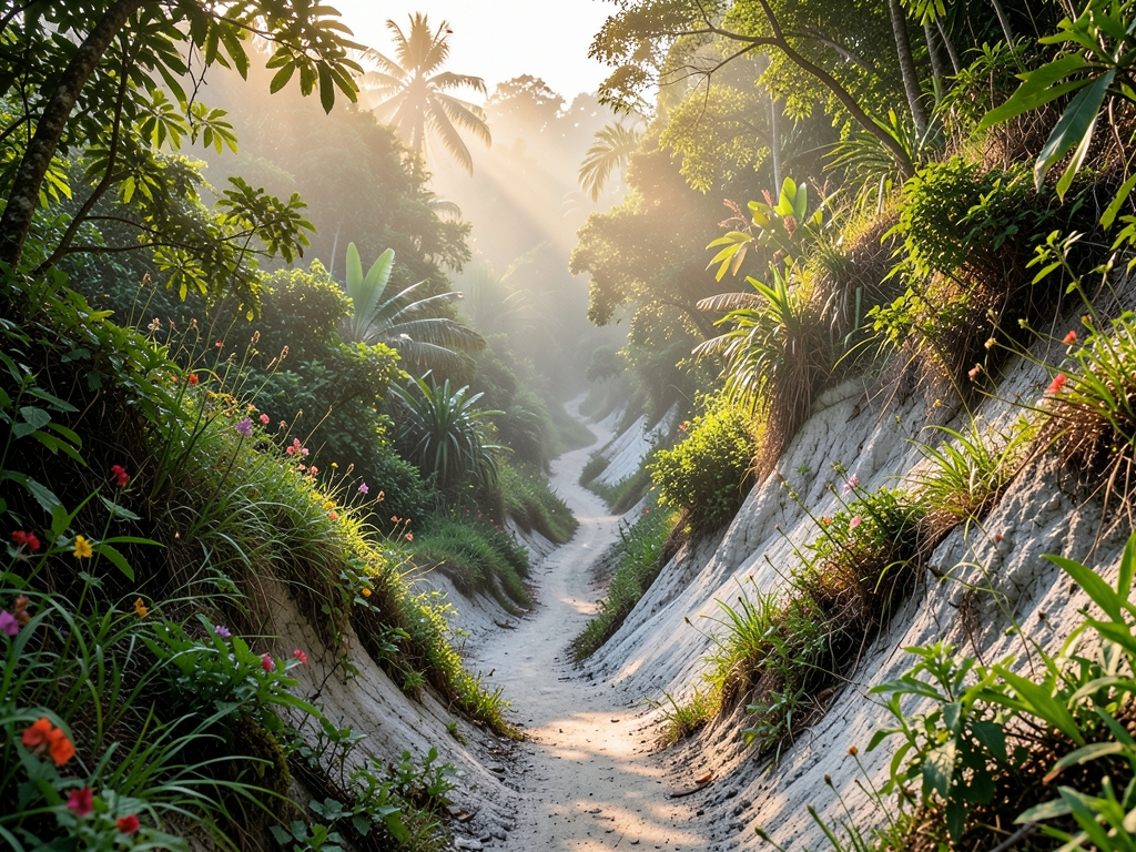 narrow dirt trail winding through lush subtropical hillsides