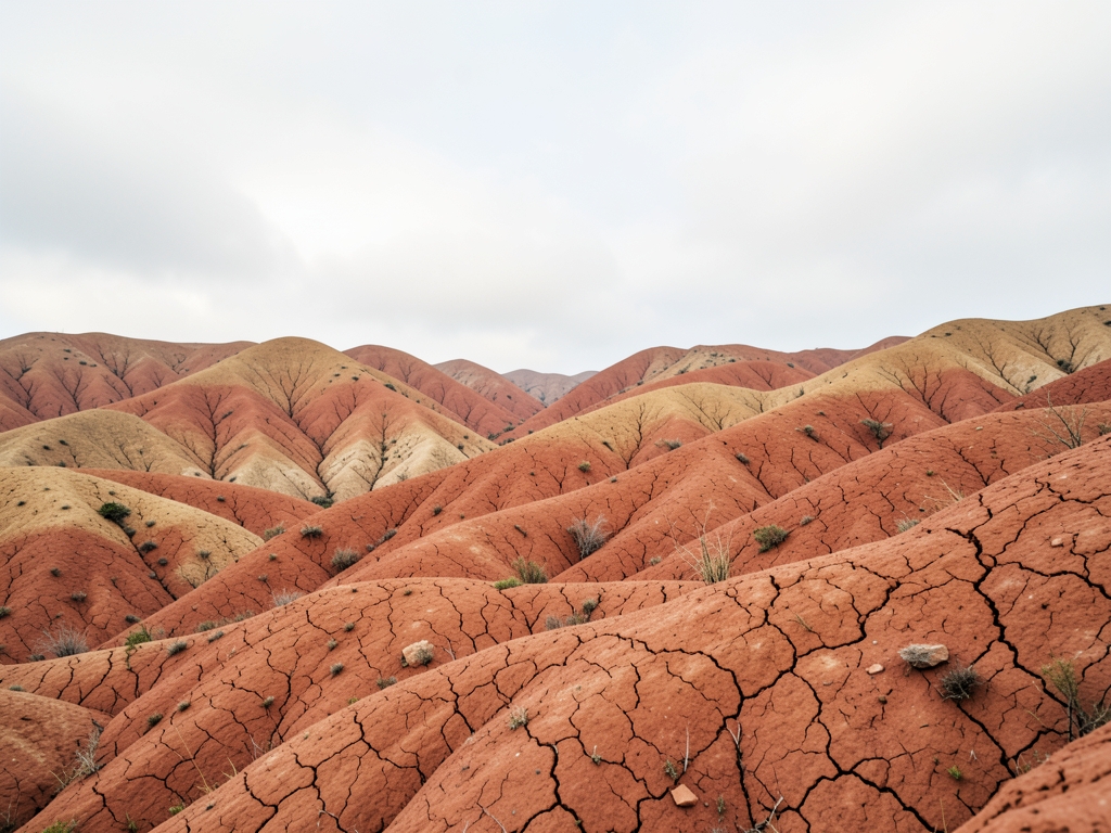 vast expanse weathered clay hills under pale overcast