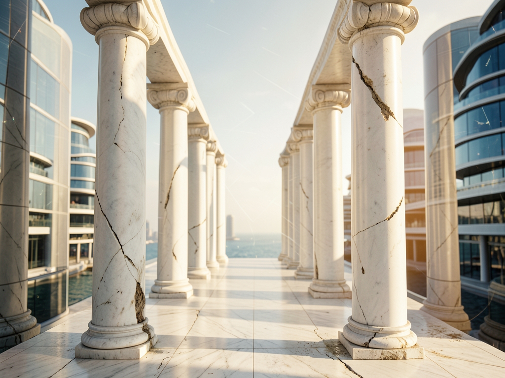 Sun drenched marble colonnade futuristic coastal city where soft