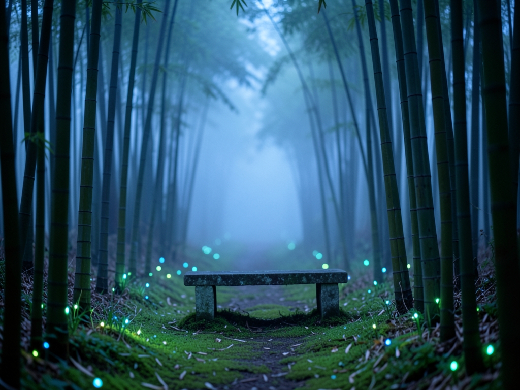 Misty bamboo forest path twilight with glowing bioluminescent