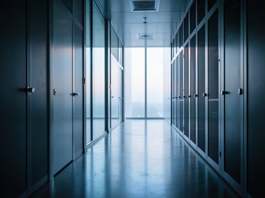 Empty server hallway bathed cool dawn light with