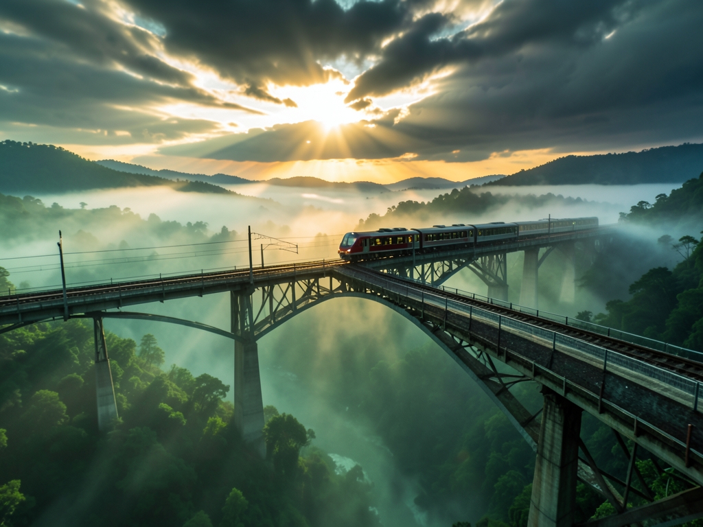 High speed rail bridge over misty green valley sunrise