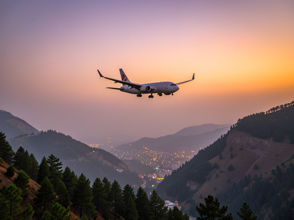 Passenger descending through hazy dusk above green foothills