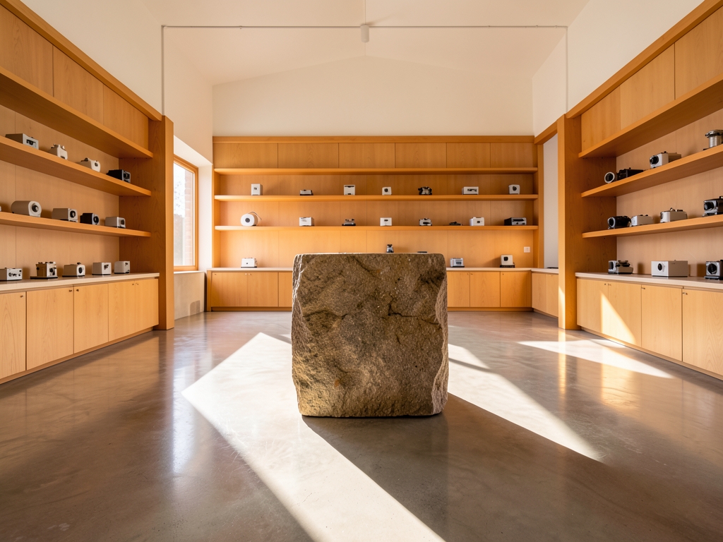Sun drenched minimalist workshop with polished concrete floors warm