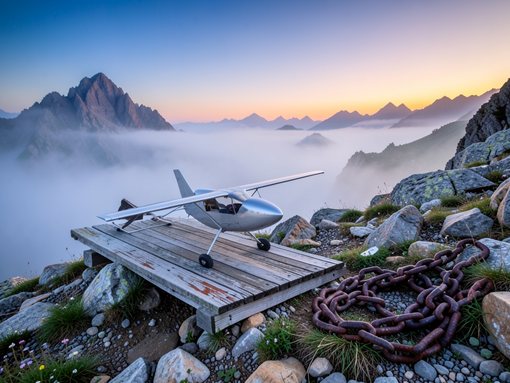 Misty mountain pass dawn where lightweight silver glider