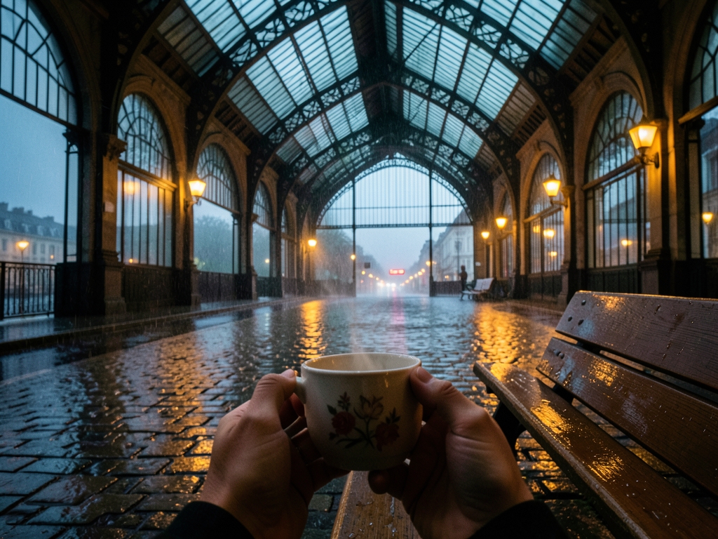 Rainy evening inside European railway hall vaulted iron and glass