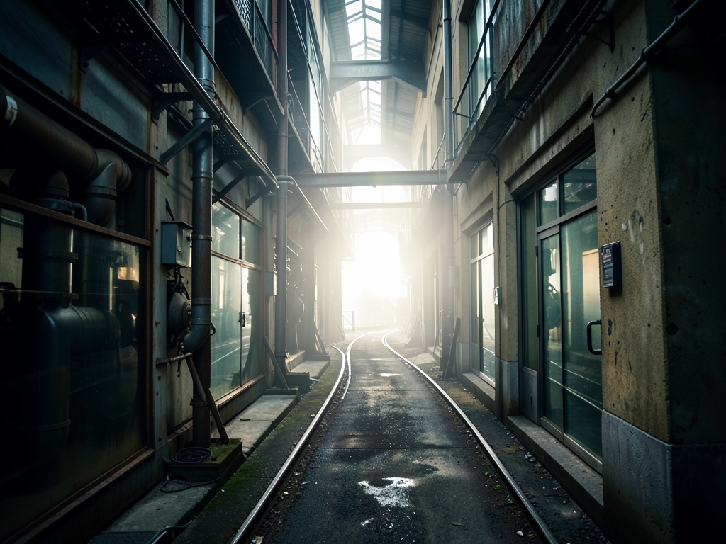 Narrow winding industrial corridor with half lit machinery leading