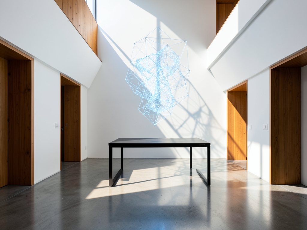 Sun drenched minimalist engineering atrium with polished concrete floors