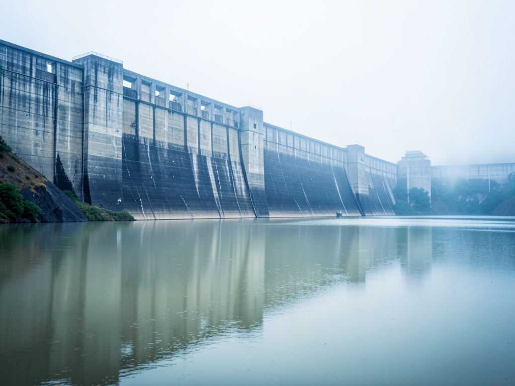 foggy monolithic concrete holding back murky stagnant reservoir