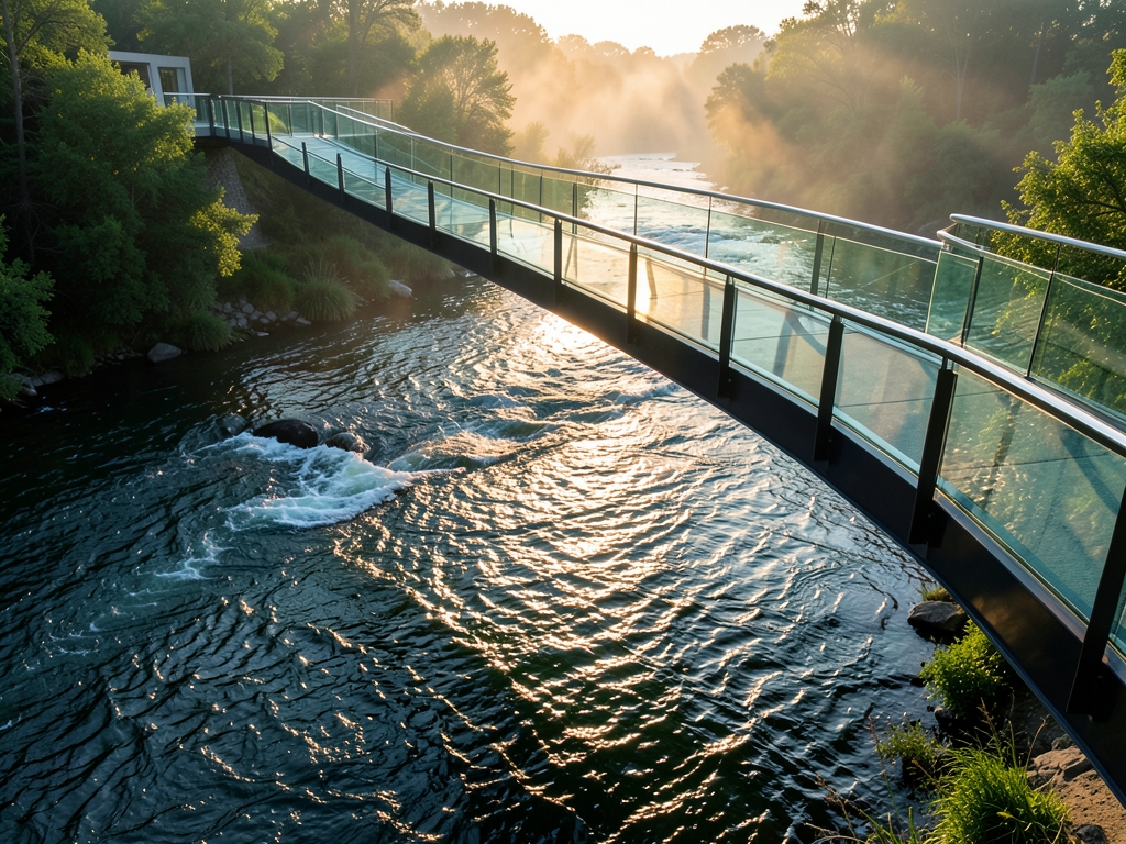 sleek glass walkway suspended over fast moving crystalline river