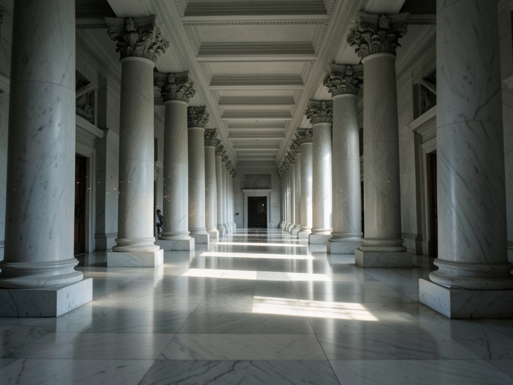 Vast neoclassical government building interior endless marble corridor