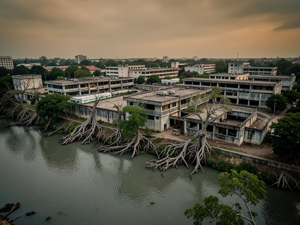 Aerial dusk view sprawling concrete institutional campus beside