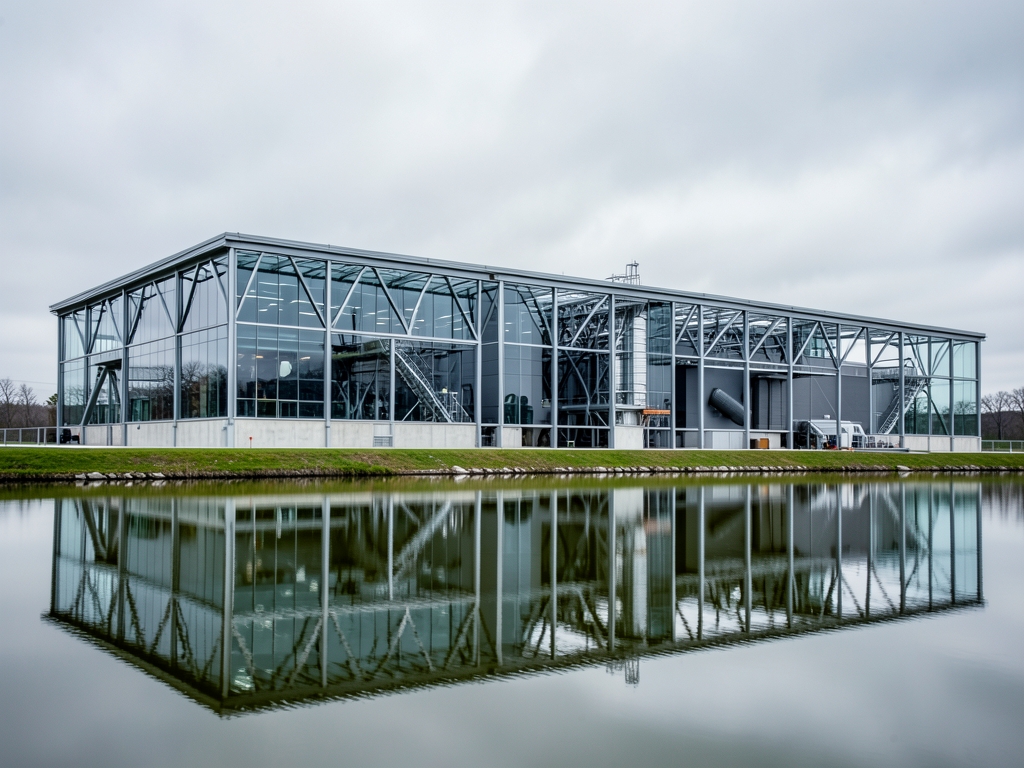 wide shot glass and steel computational facility beside still reservoir