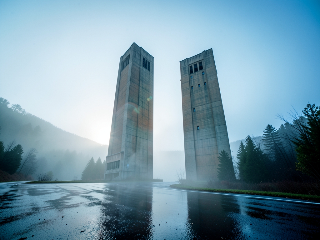 low angle view ORNL s concrete research towers emerging from