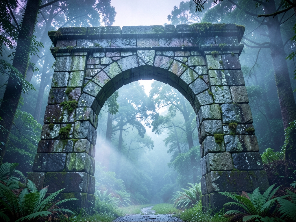 Line rain slicked stone archway misty forest with