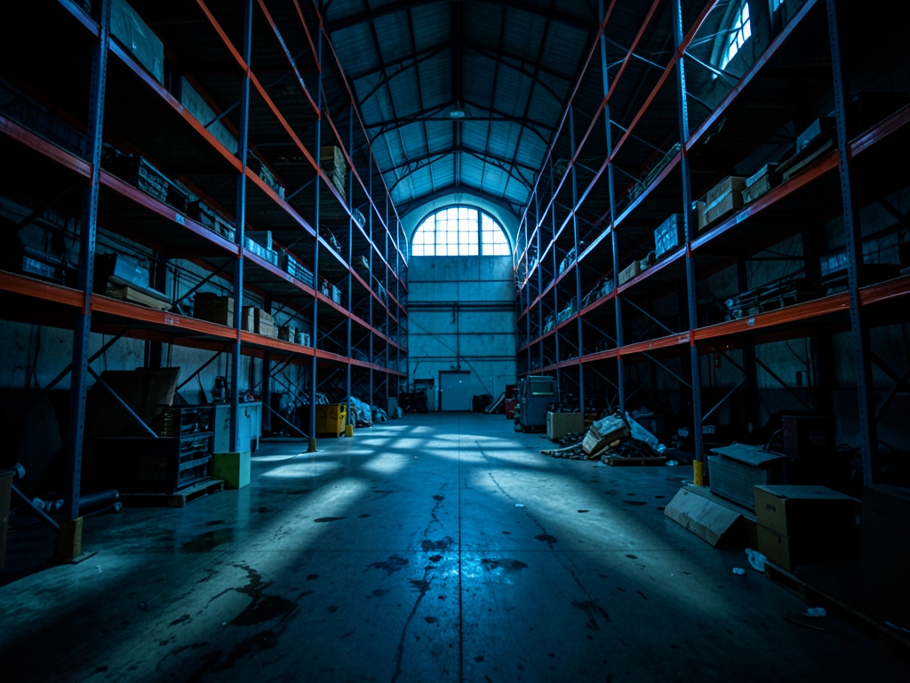 Vast warehouse interior with tall steel shelving cold