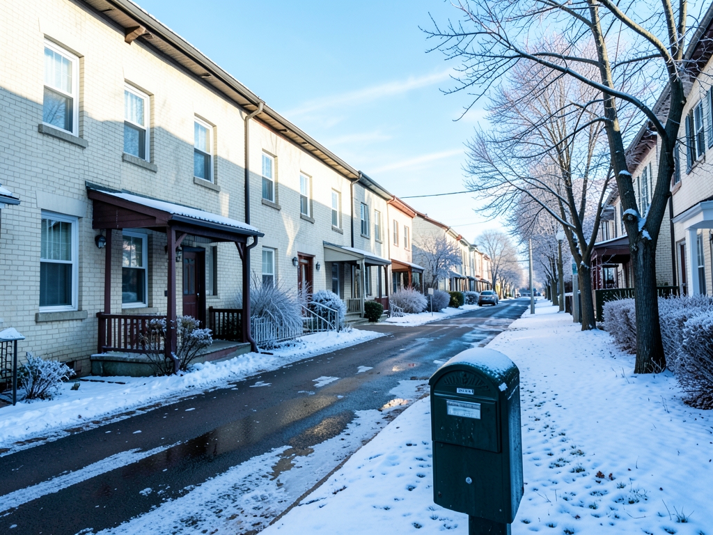 quiet suburban street after February snowfall pale winter