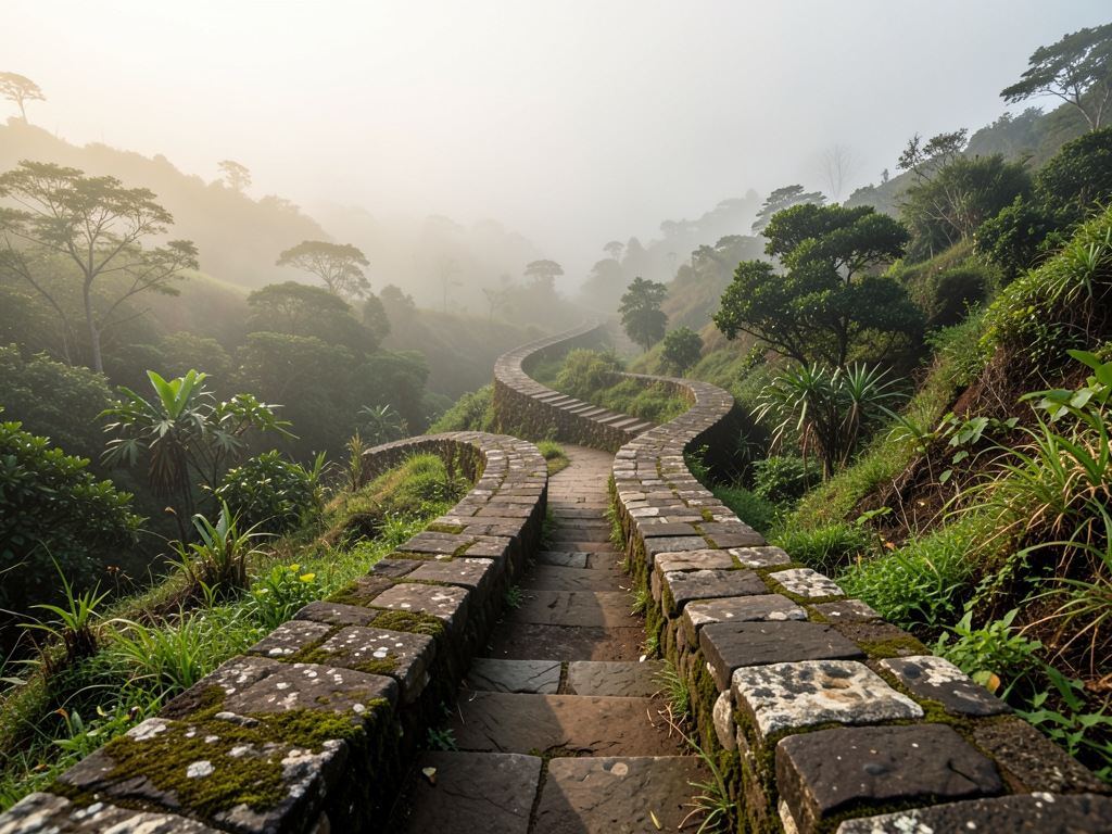 winding path through misty Malawian valley where parallel
