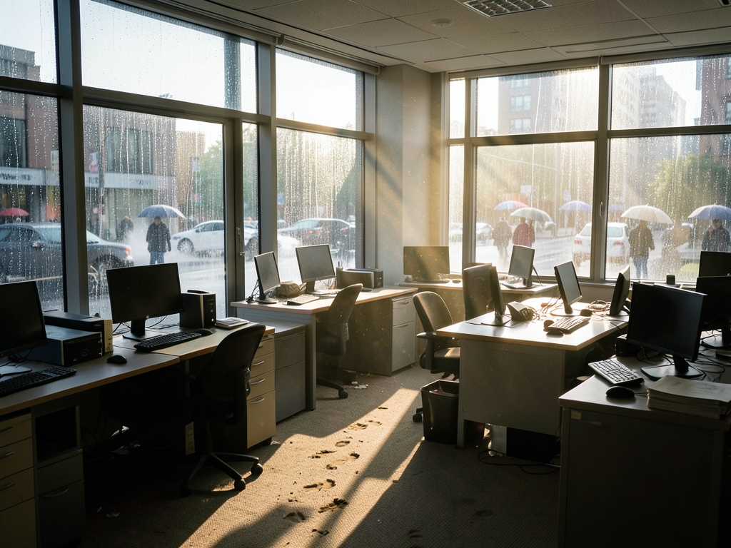 Sunlight piercing through heavy rain streaked office windows onto