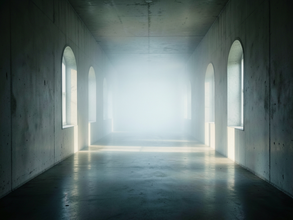 long concrete corridor dissolving into pale fog narrow