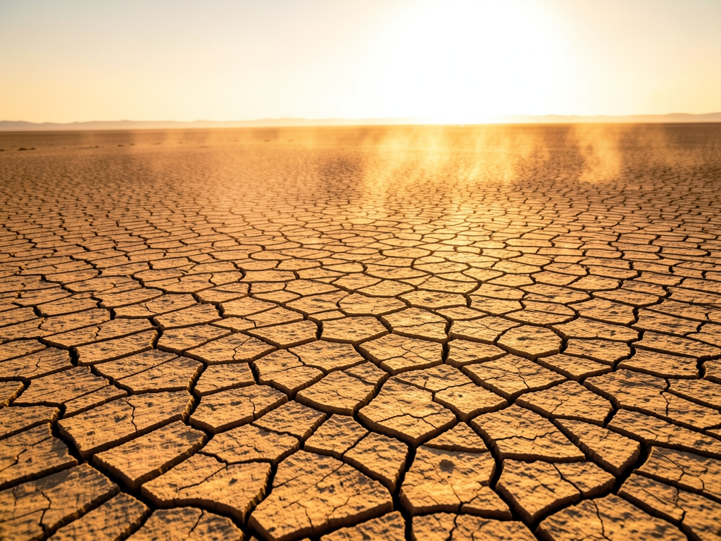 endless cracked desert plain golden hour heat haze