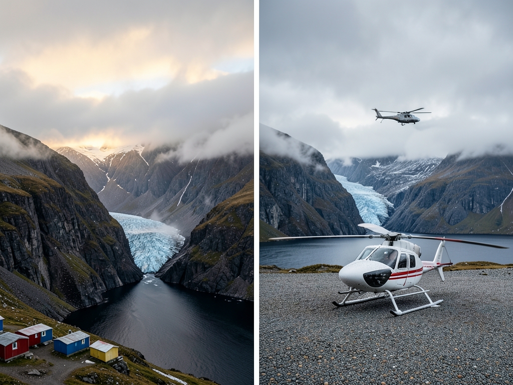 small aircraft descending through clouds over deep Greenlandic